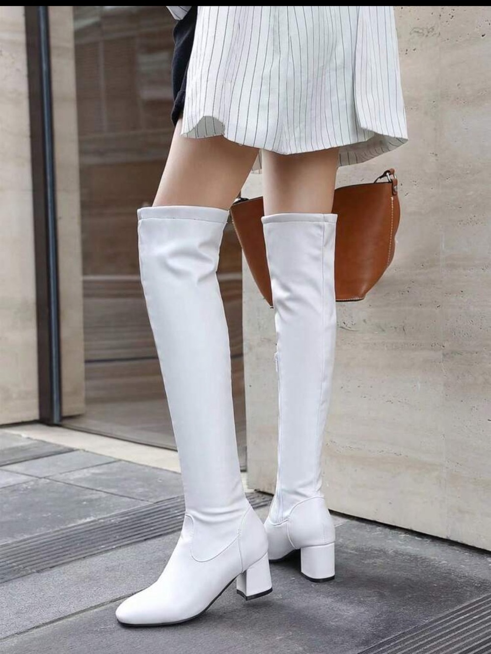 White Over-The-Knee Block Heel Boots